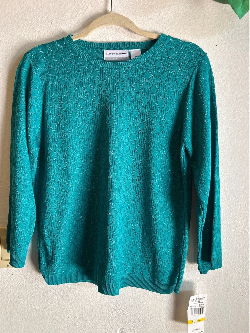 Alfred Dunner Petite PM Green Textured Pullover Sweater